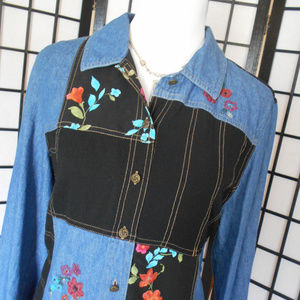 Denim Patchwork Embroidered Blouse Size Large